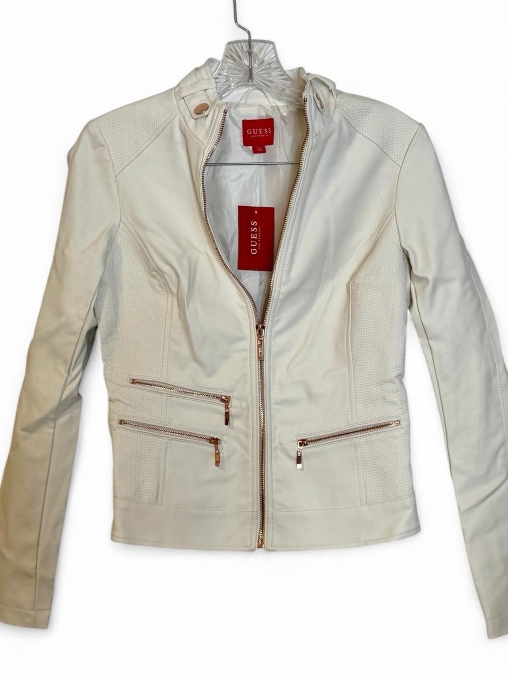 GUESS Cream Leather Moto Jacket with Rose Gold Zippers